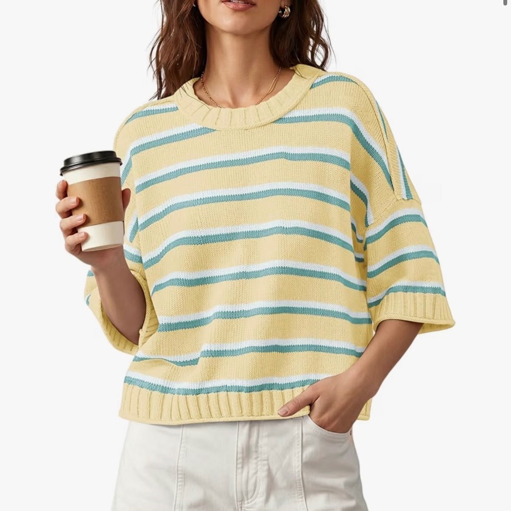 Nirovien Women's Light Yellow Striped Knit Sweater Short Sleeve – Medium – NWT